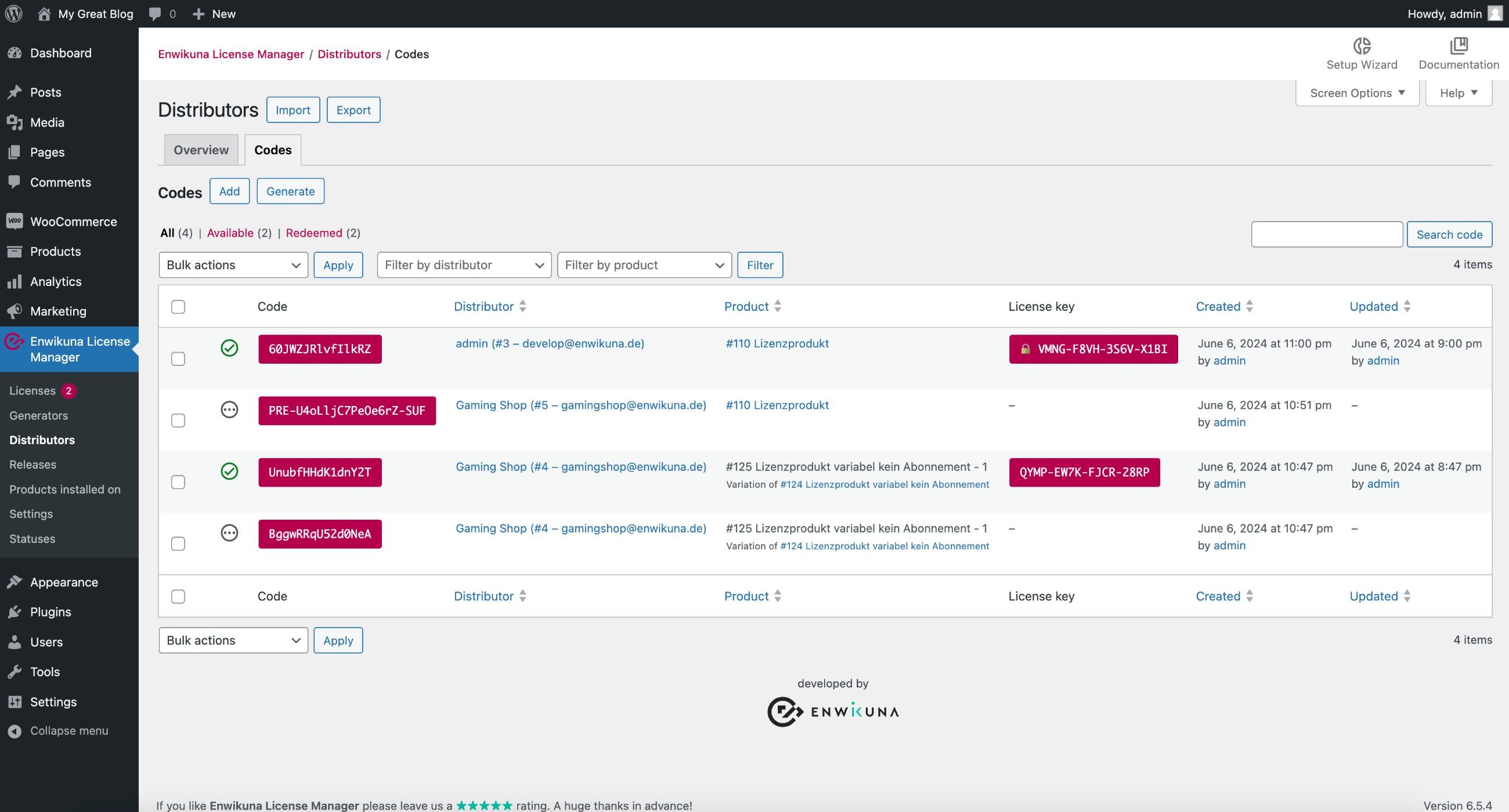 Enwikuna License Manager distributor codes