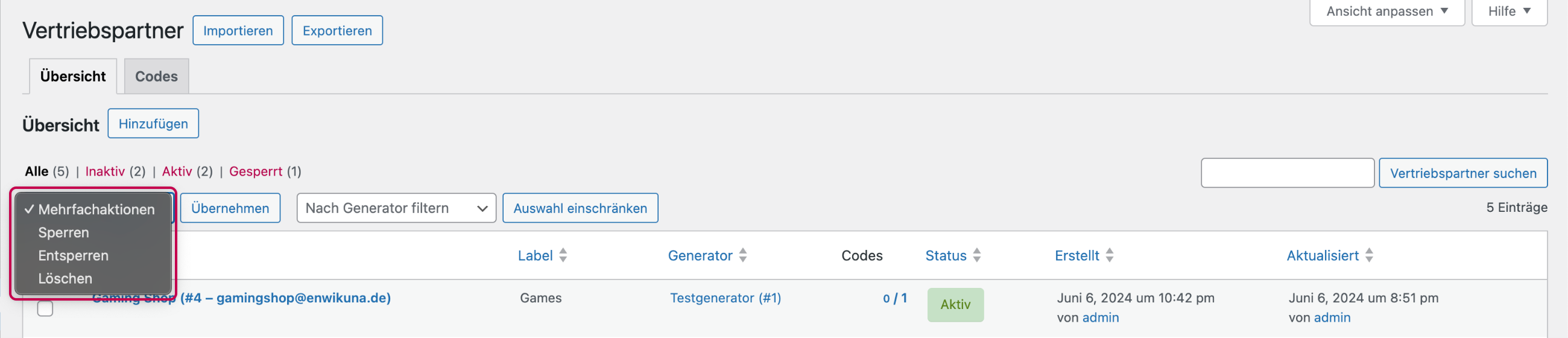 Enwikuna License Manager Vertriebspartner Tabelle Mehrfachaktionen