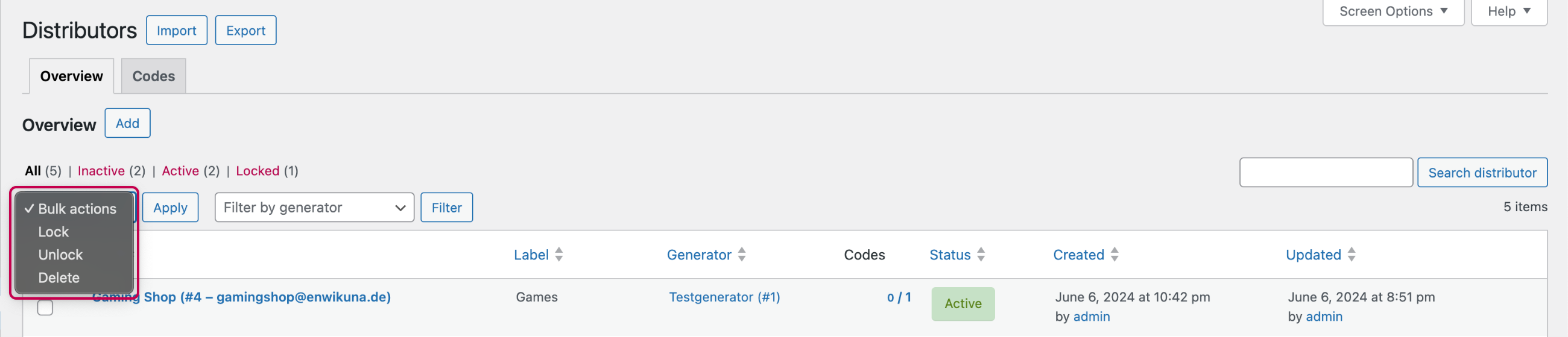 Enwikuna License Manager distributors table bulk actions