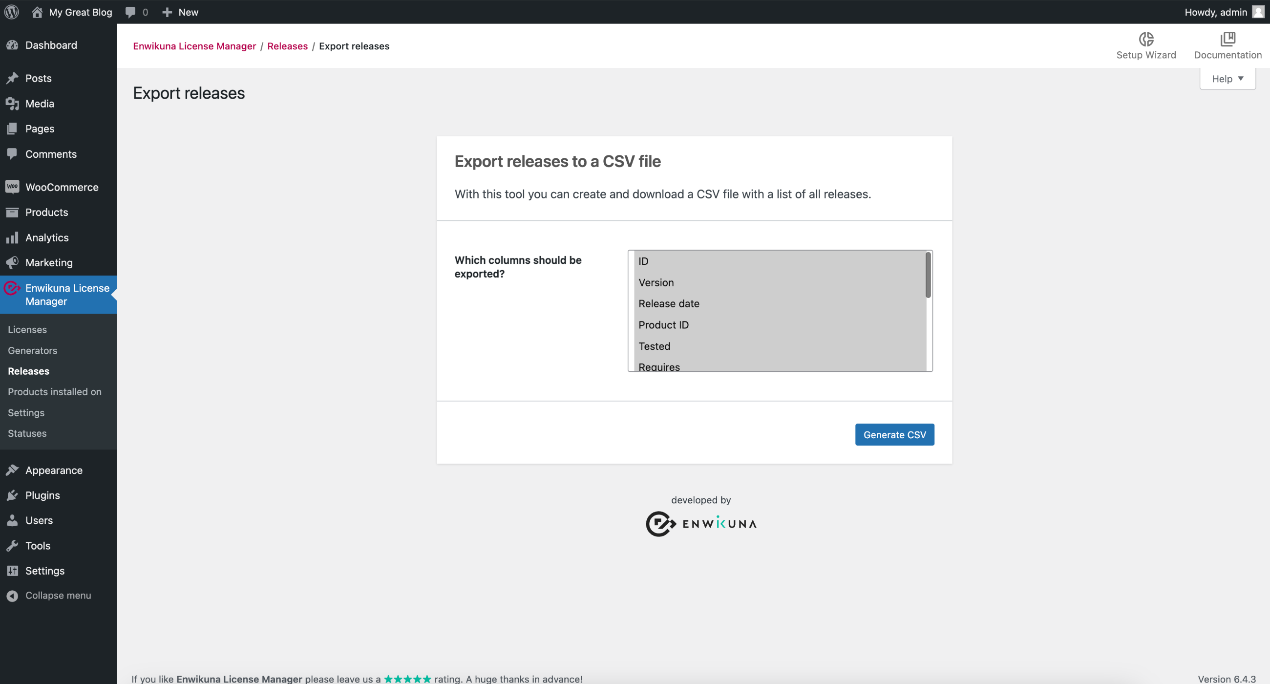 Enwikuna License Manager export releases