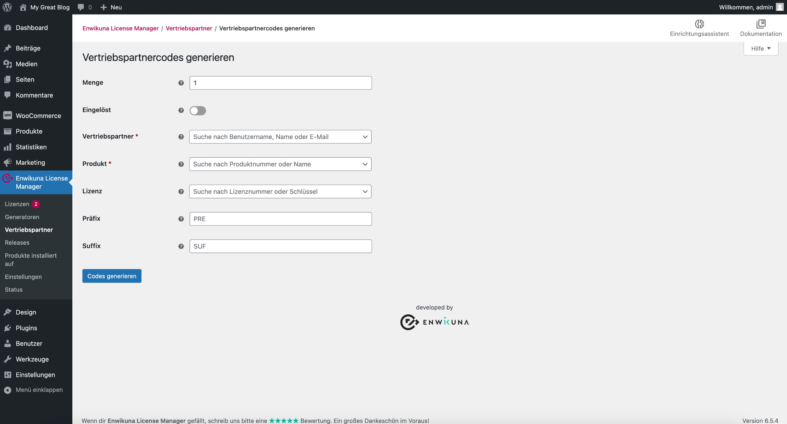 Enwikuna License Manager Vertriebspartnercodes generieren