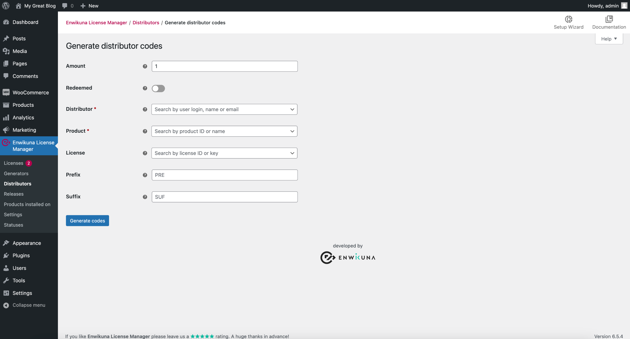 Enwikuna License Manager generate distributor codes