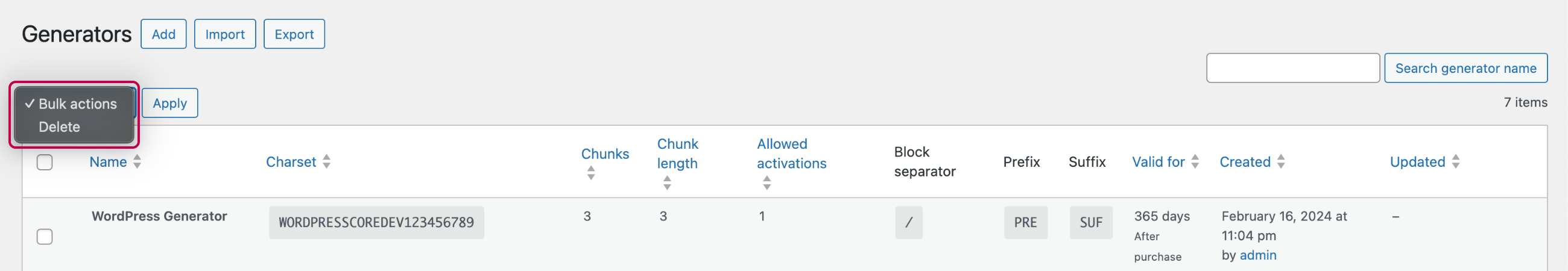 Enwikuna License Manager generators table bulk actions