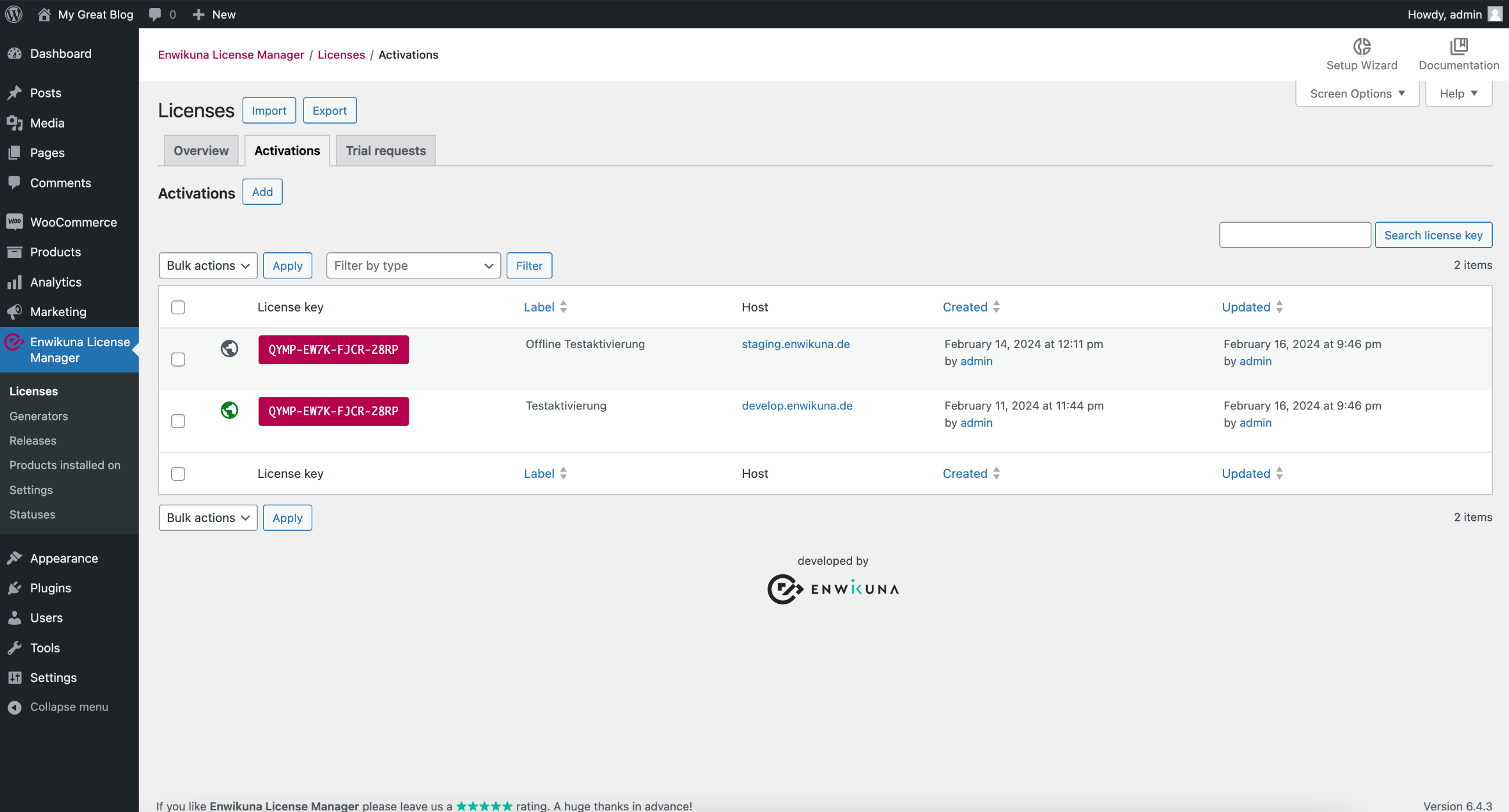 Enwikuna License Manager license activations