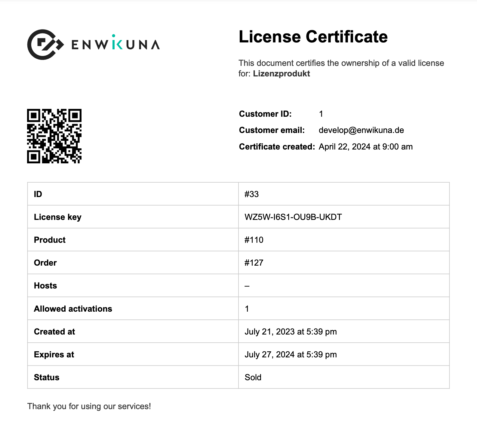 Enwikuna License Manager license certificate