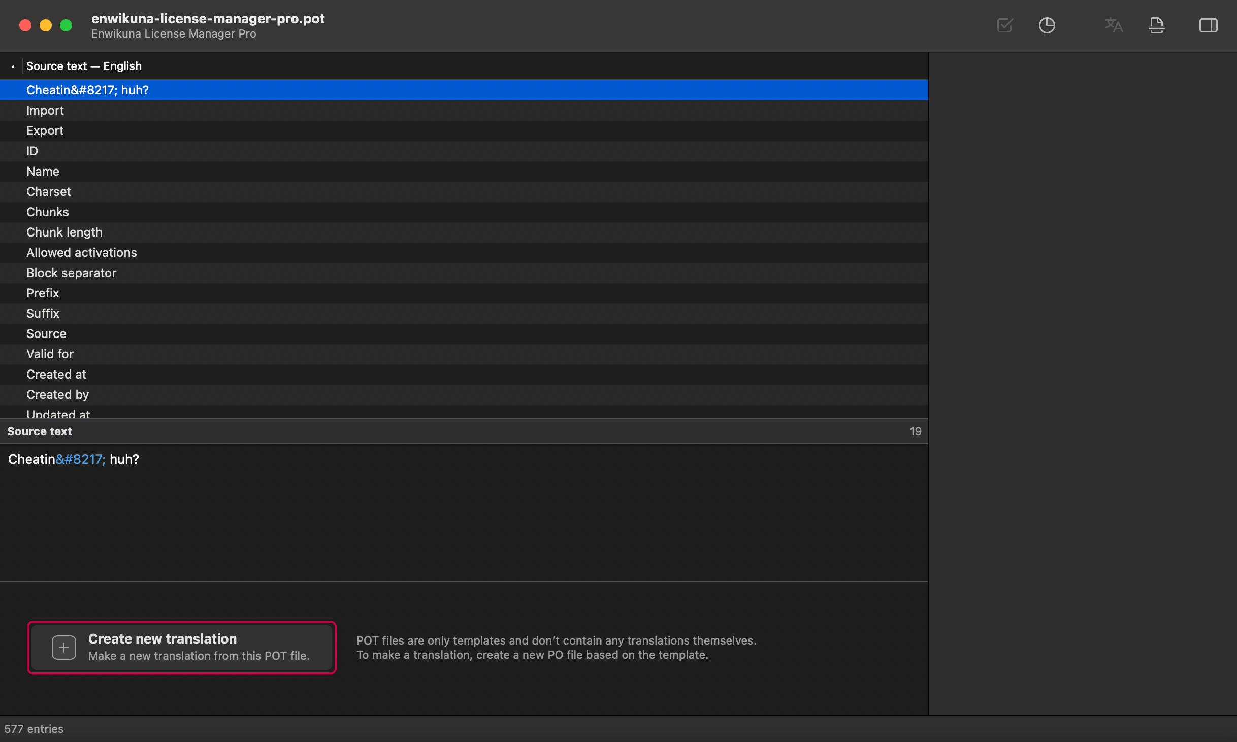 Enwikuna License Manager Poedit create new translation