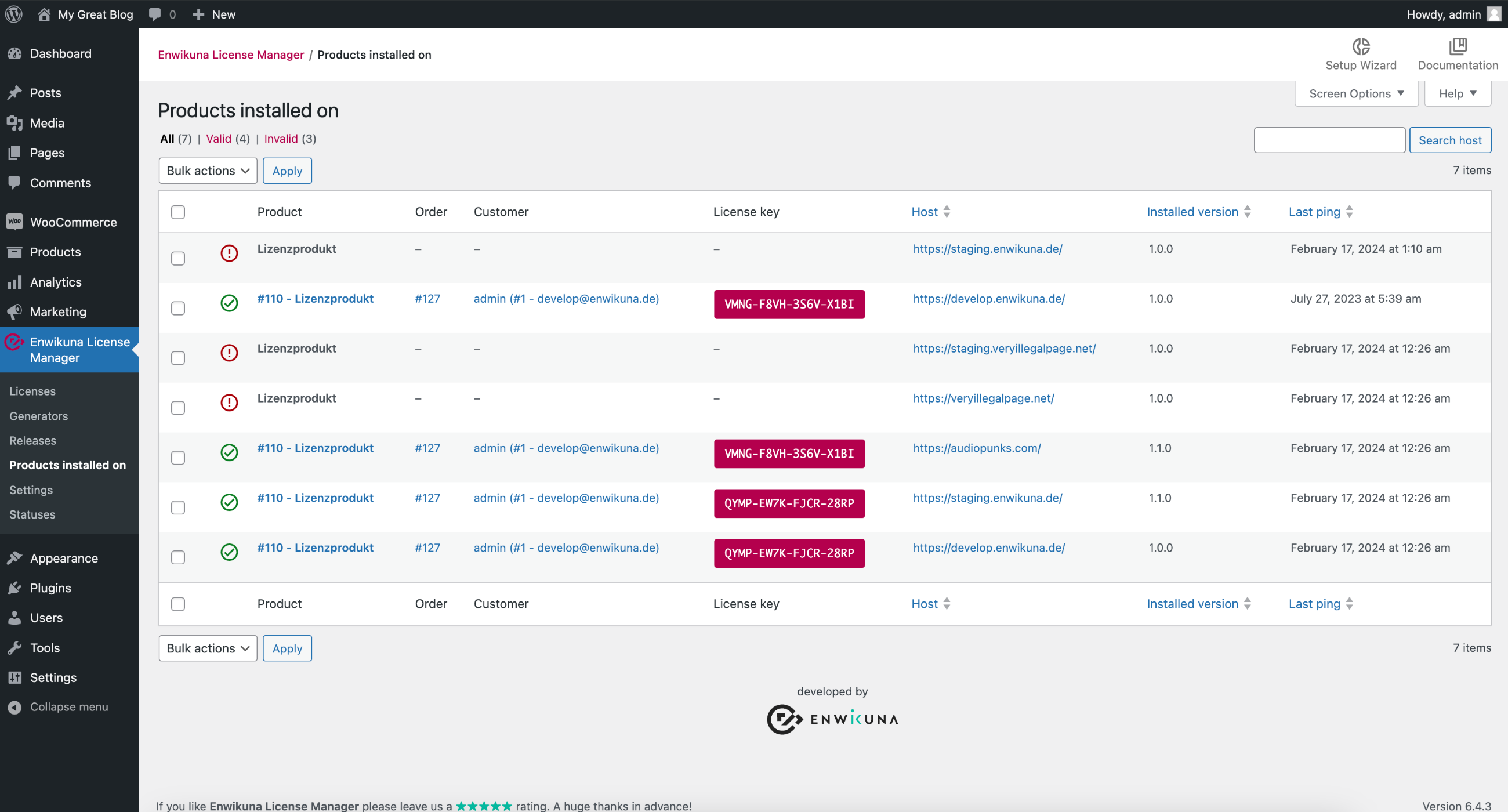 Enwikuna License Manager products installed on