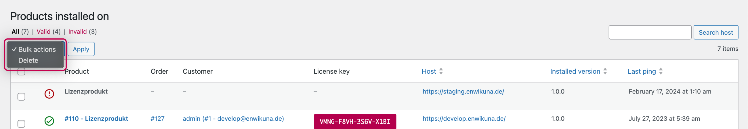 Enwikuna License Manager products installed on table bulk actions