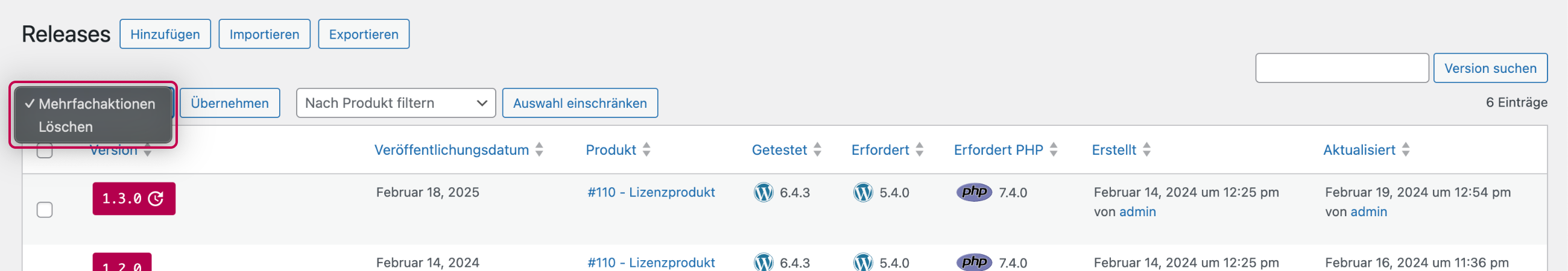 Enwikuna License Manager Releases Tabelle Mehrfachaktionen