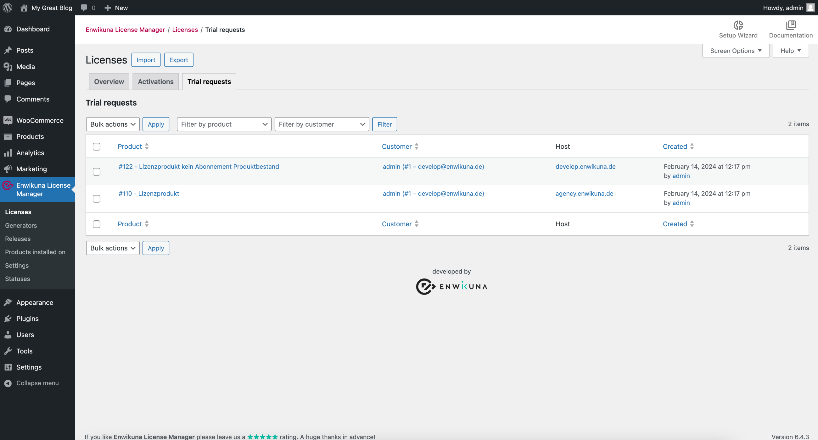 Enwikuna License Manager trial license requests