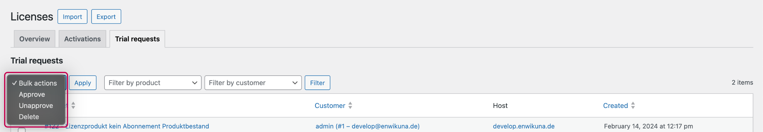 Enwikuna License Manager trial license requests table bulk actions